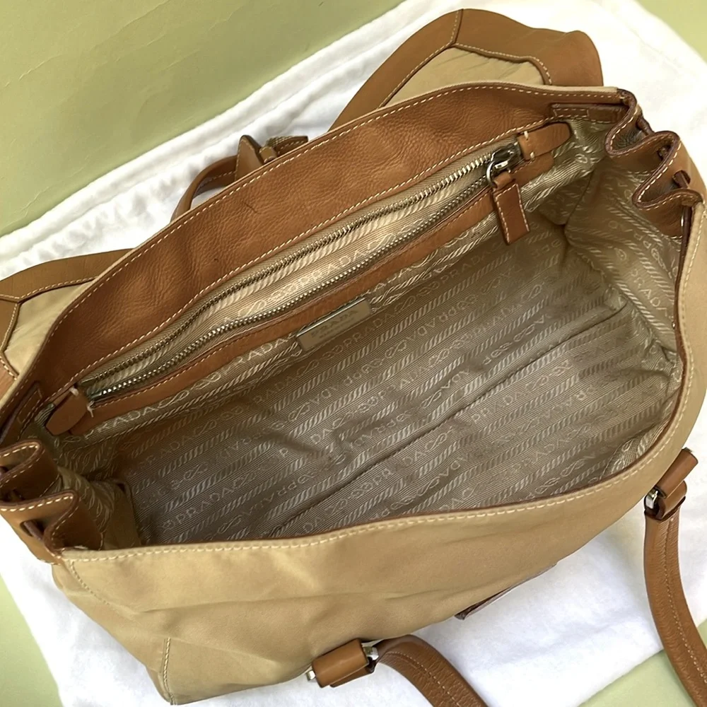 Vintage tan/silver Prada nylon/leather bag with dust bag